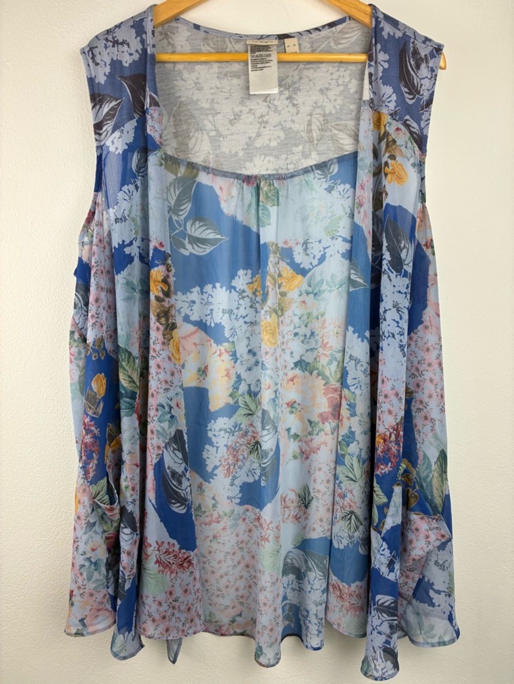 LOGO by Lori Goldstein Blue Floral Chiffon Mixed Media Open Front Vest/Pockets
